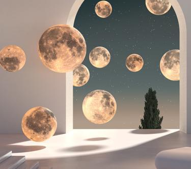 Vue d'une pièce aux murs blancs avec une ouverture en arche, donnant vue sur de multiples lunes.