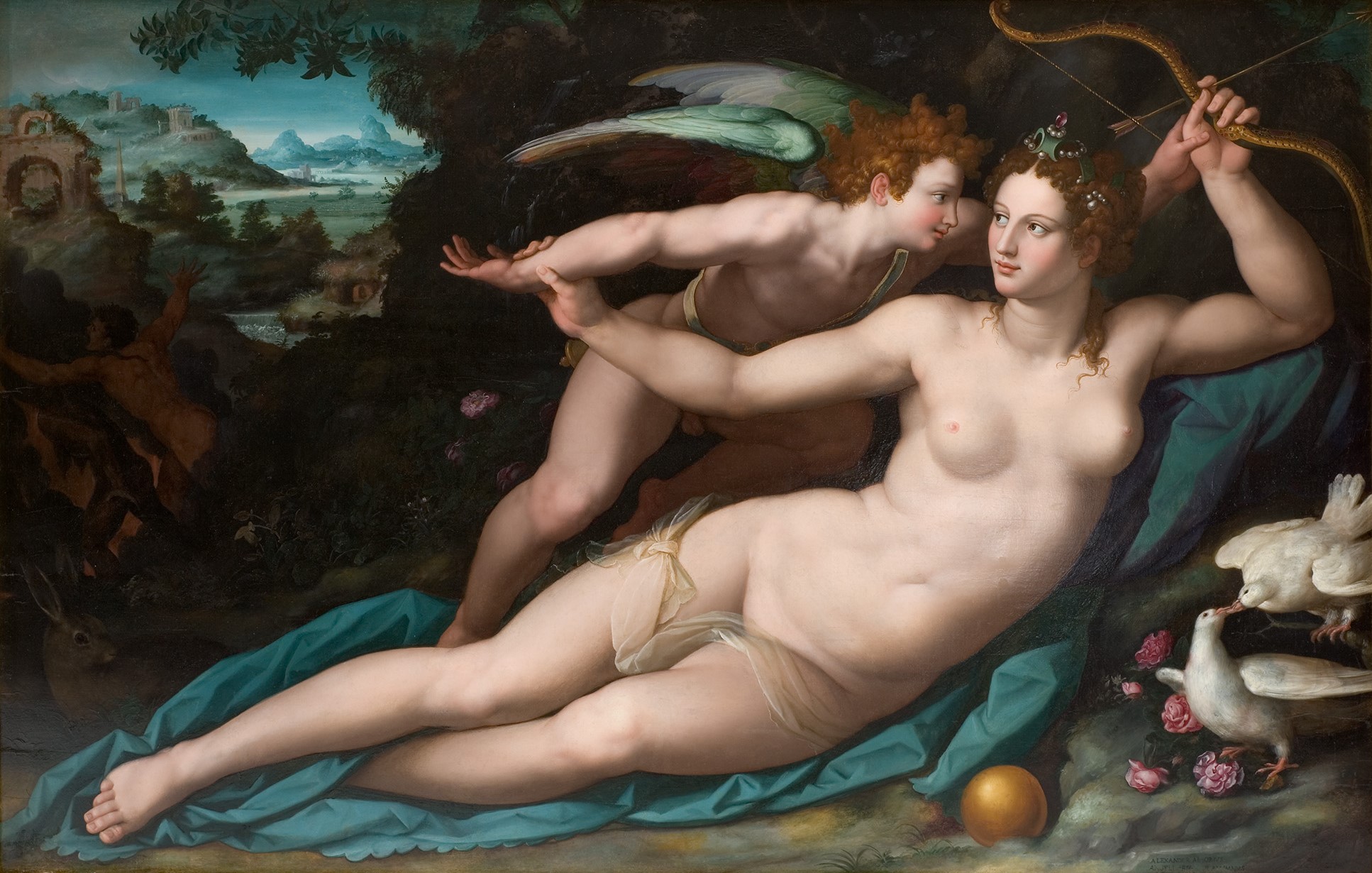Tableau représentant Vénus en train de prendre son arc à Cupidon. En bas à droite, deux colombes s'embrassent.