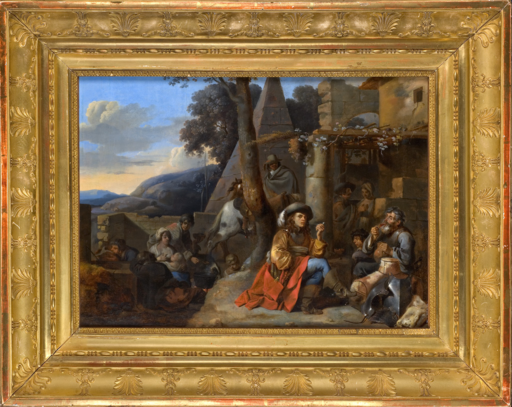Un tablea ude Sébastien Bourdon représentant un groupe de voyageurs se reposant dans des ruines ; le personnage central, habillé de couleurs vives, fume la pipe avec le personnage de droite.
