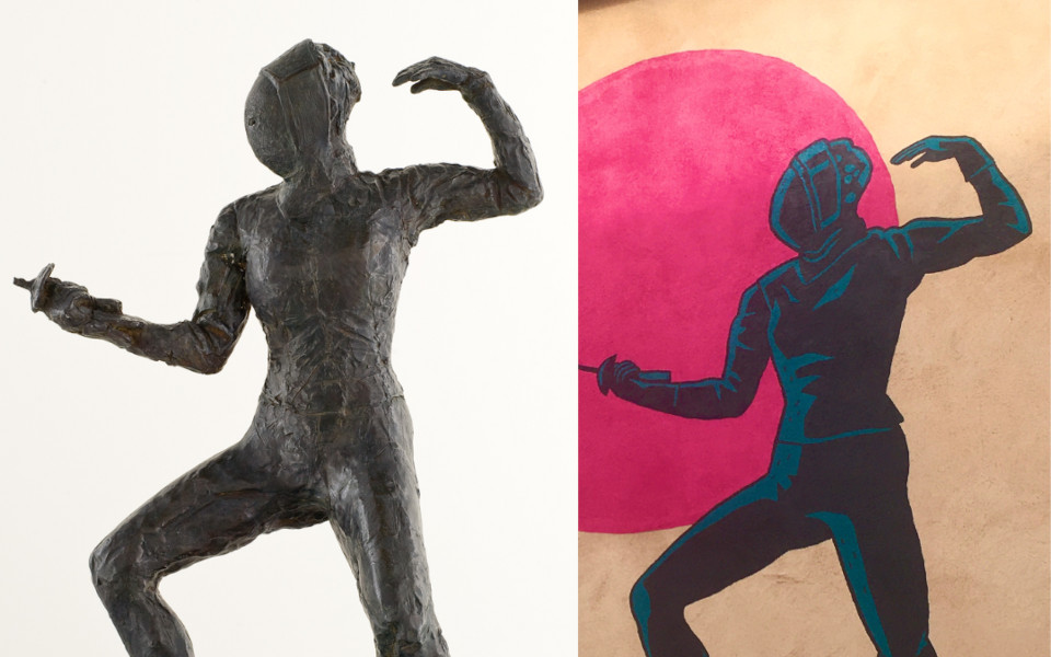 montage photo en deux parties : à gauche, une sculpture en bronze de Germaine Richier représentant une escrimeuse ; à droite, le même sujet repris en dessin street art