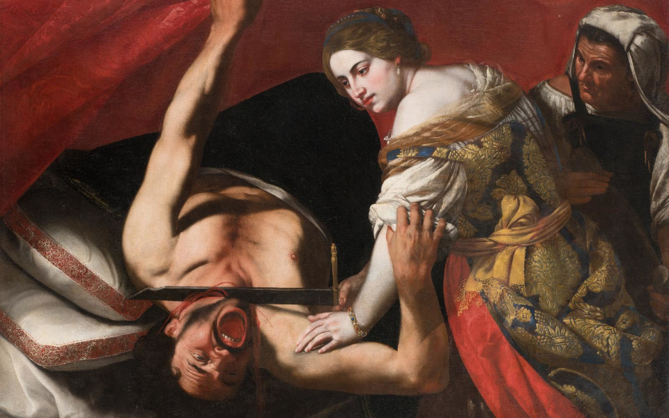 Peinture représentant le sujet "Judith et Holopherne" : armée d'une épée, Judith (sur la droite) égorge Holopherne, allongé au premier plan. Derrière Judith, une femme.