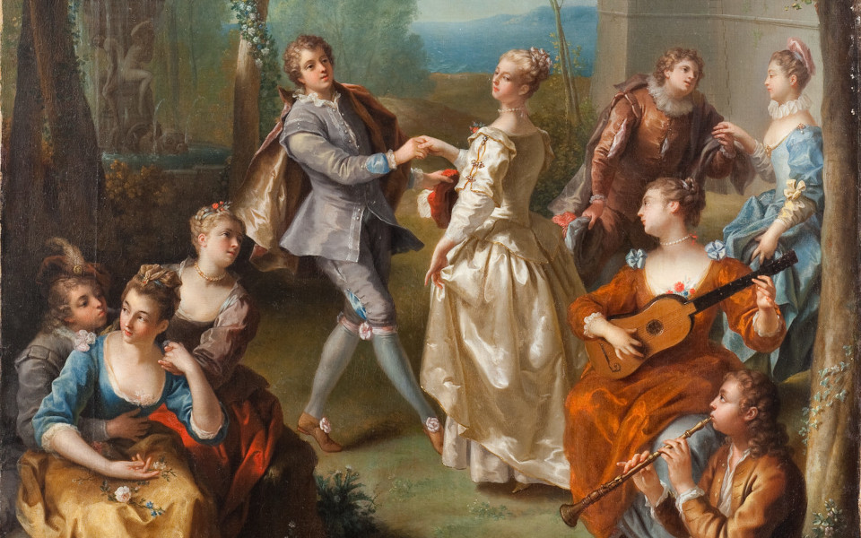 Peinture montrant un groupe de jeunes gens du début du XVIIIe siècle en train de jouer de la musique et de danser dans un jardin.
