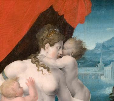 Détail d'un tableau de Jean Cousin montrant une femme entourée de bébés.