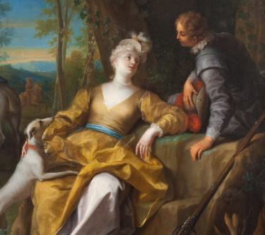 Détail d'un tableau de Jean Raoux montrant une dame dans une robe jaune.